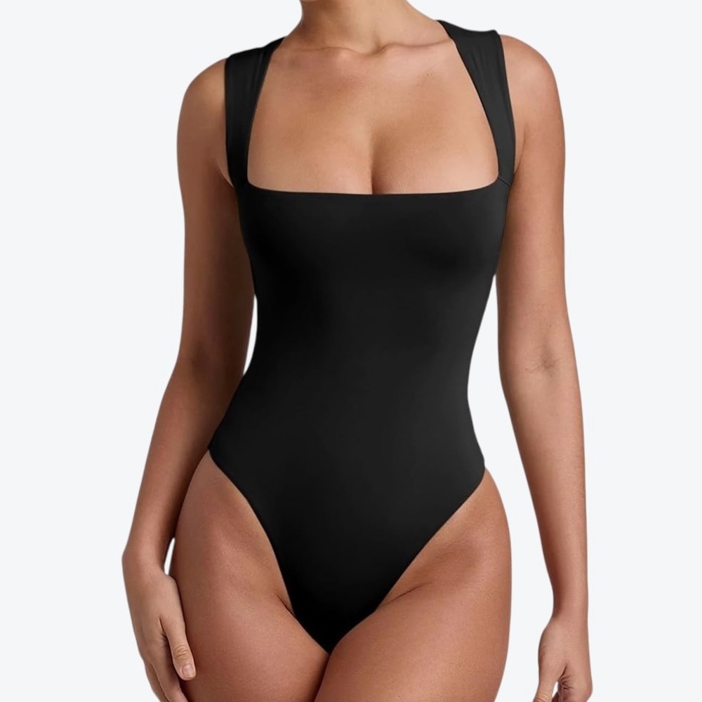 REORIA Butsmooth Sexy Basic Bodysuit Square Neck Sleeveless Double Lined Top